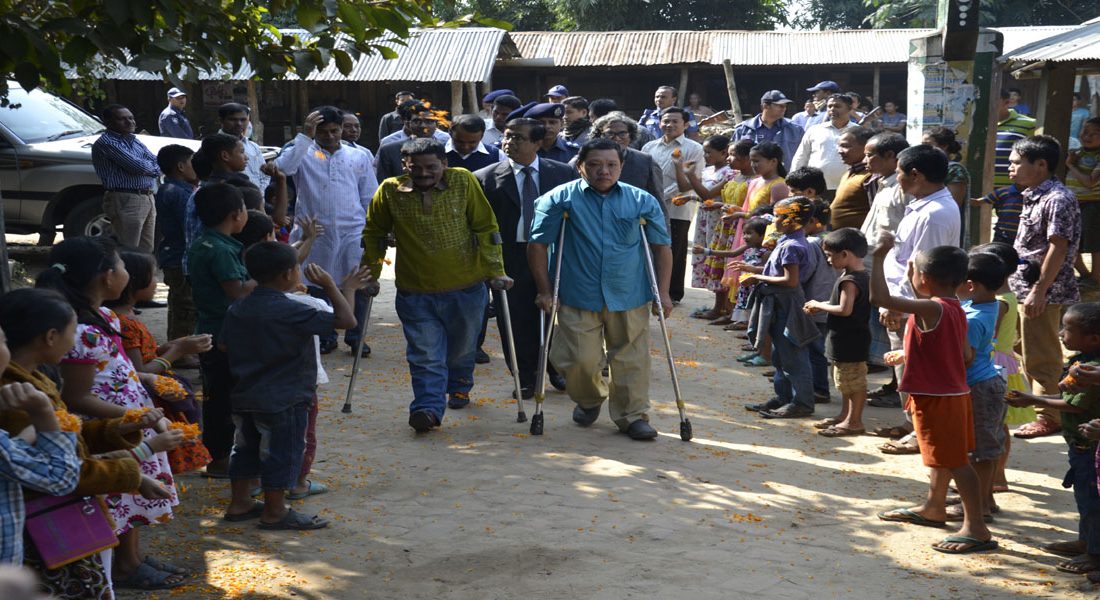 The Honourable Assisstant High Commissioner of India Mr. Somnath Halder being received by Mr. Biswajit Gupta Bisu and Mr. Ananda Mohan Chakma at CSD Unmit-2, Dighinala, Khagrachari, CHT.